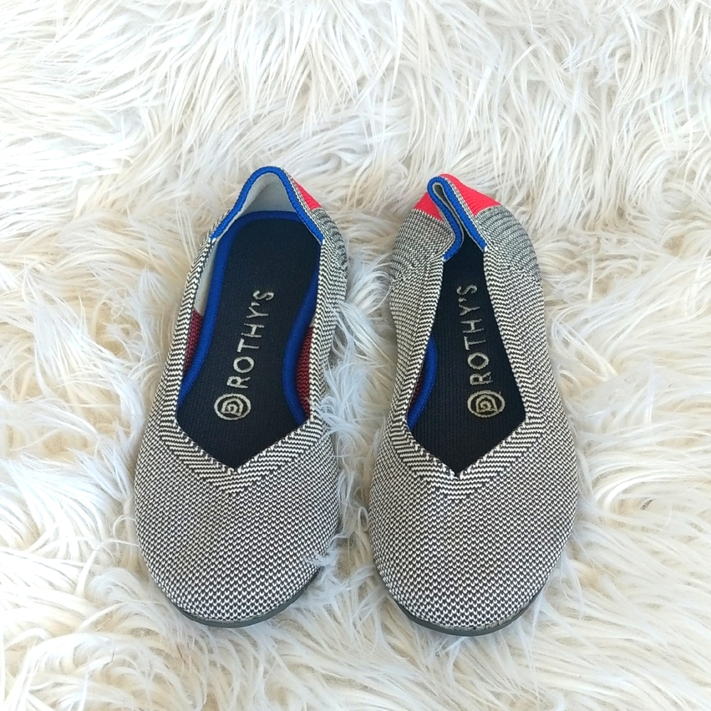 Rothy's Black and White Flats with Blue and Pink Accents